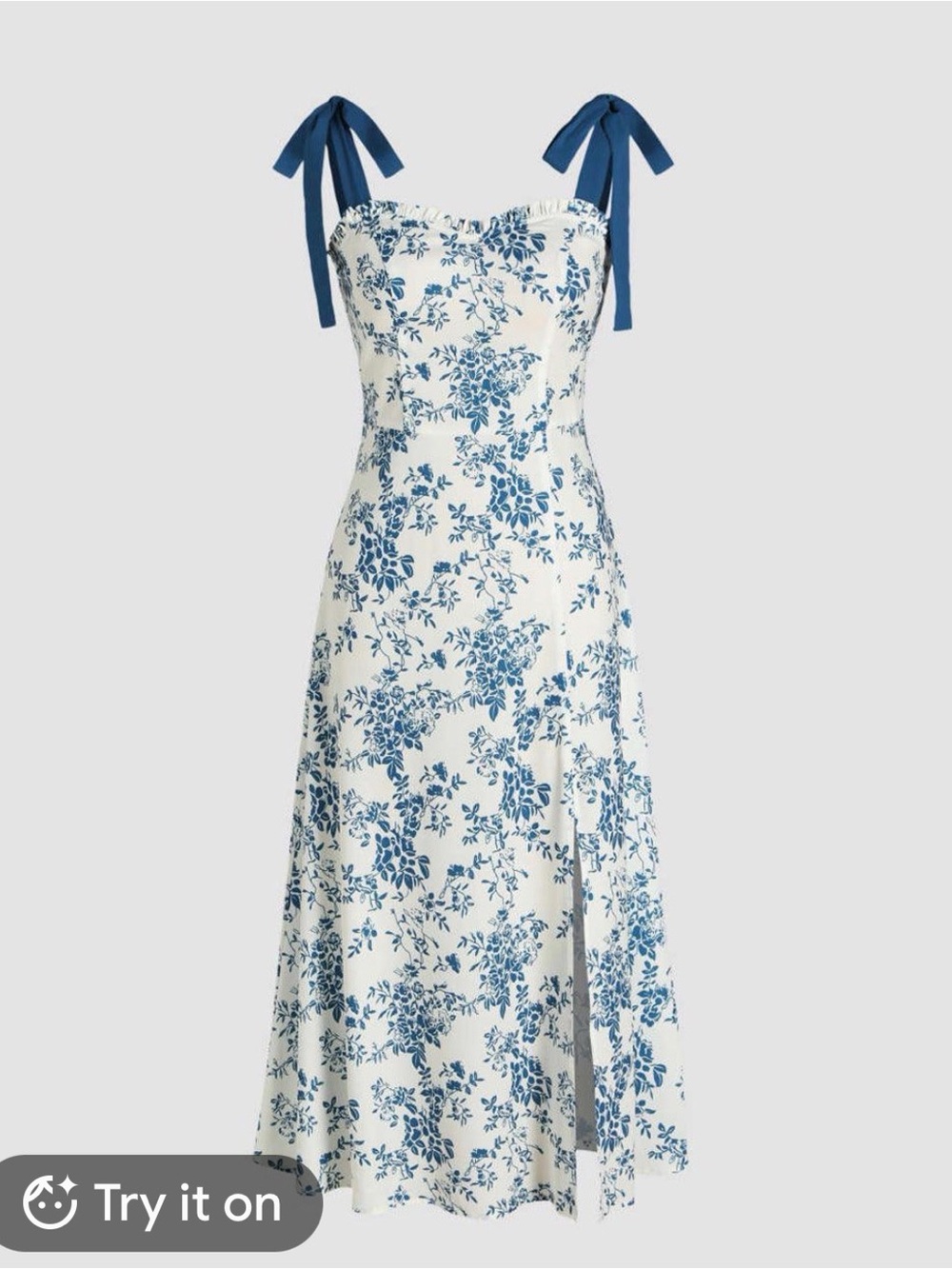 White & Blue Floral Tie-Shoulder Midi Dress Cider